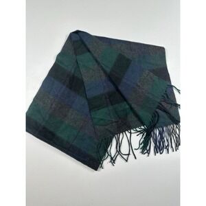 100% Cashmere Rectangular Fringed Plaid Scarf Green Black 61"x 12" (b7A)